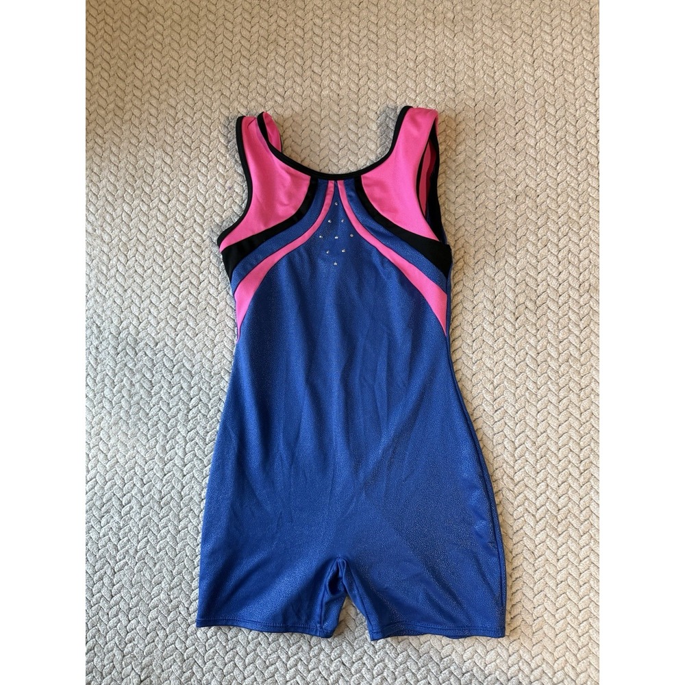 Danskin Royal‎ Blue and Hot Pink Performance Leotard Shortsuit 10/12 Gymnastics